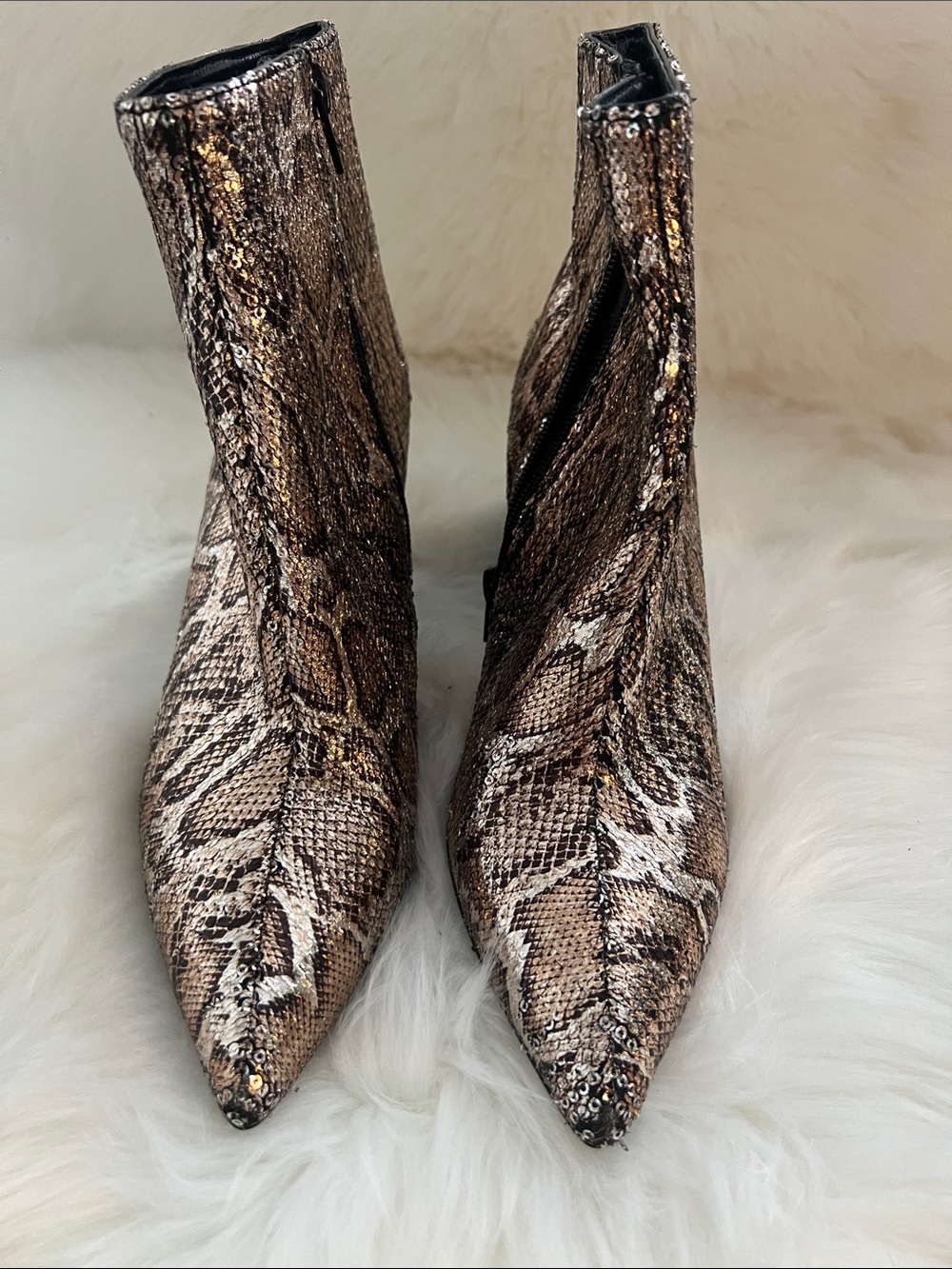 Betsey Johnson Sequined Snake-Print Pointed Toe Ankle Boots - Brown & Gold